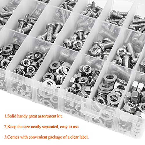 HELIFOUNER 810 Pieces M3 M4 M5 M6, 304 Stainless Steel Phillips Pan Head Machine Screws Bolts Nuts Washers Hardware Assortment Kit - size: M3 M4 M5 M6 (810 Pieces), style: Phillips Pan Head Machine Screws