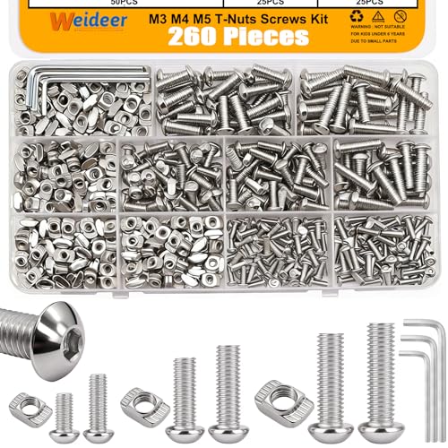 weideer 260PCS M3 M4 M5 T-Nuts Screws Assortment Kit,Nut and Bolt Assortment Sets for M-LOK System and 2020 Series Standard Aluminum - color: Silver