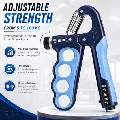 Hand Grip Strengthener Set with Adjustable Resistance 5-100 kg | 3-Piece Training Kit, Forearm Strengthener, Finger Exerciser, Automatic Rep Counter, Injury Recovery