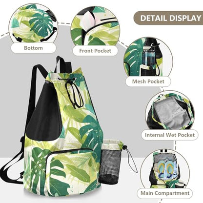 Drawstring Climbing Gym Bag With Pockets Mens Drawstring Bags with Wet Dry Compartments Watercolor Monstera Deliciosa Leaves Green