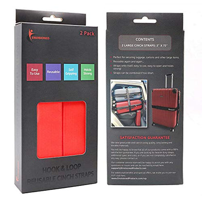 Reusable Cinch Straps 2" x 72" - 2 Pack - Hook and Loop Straps (Neon Red) - color: Red, size: 2" x 72"