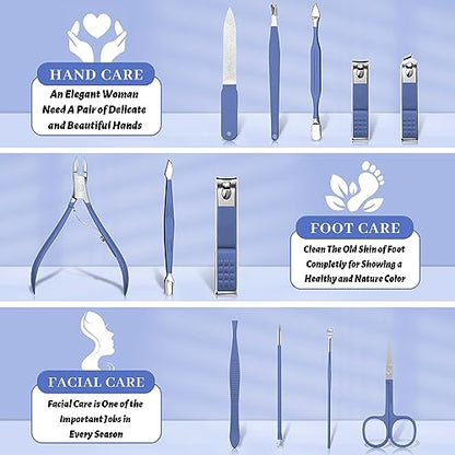 Manicure Set Professional Nail Clippers Pedicure Kit, 12 Pcs Stainless Steel Nail Care Tools Grooming Kit with Luxurious Travel Leather Case for Men Women Gift (Blue) - color: blue