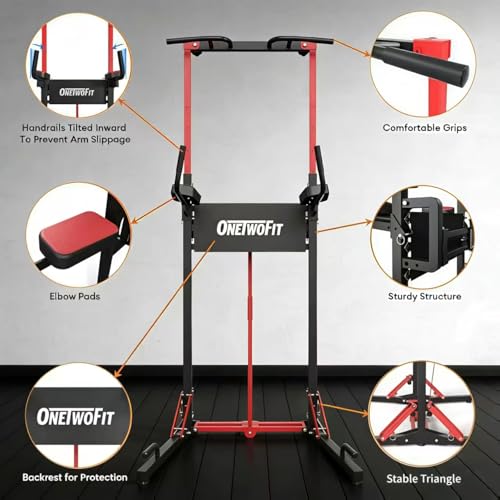 ONETWOFIT Foldable Power Tower Pull Up Bar Dip Station, Multi-Function Adjustable Height, Strength Training, 400LBS Capacity