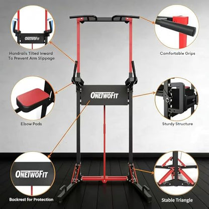 ONETWOFIT Foldable Power Tower Pull Up Bar Dip Station, Multi-Function Adjustable Height, Strength Training, 400LBS Capacity