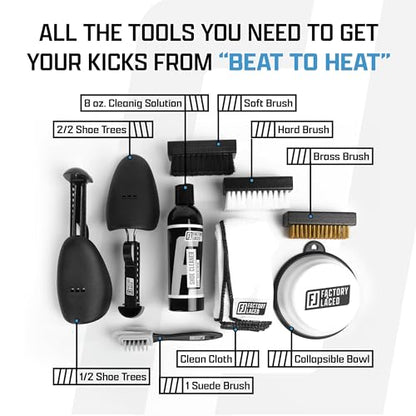 FACTORY LACED Shoe Cleaning Kit – Complete Sneaker Cleaner with 4 Brushes, 8oz Solution, Shoe Trees & Microfiber Towel – Works on Leather, Suede, Canvas & Mesh