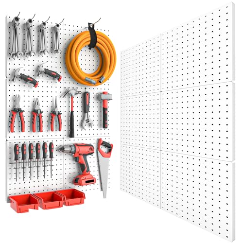 Peg Board, 6PCS Metal Pegboard, Heavy Duty pegboard Wall Organizer with Frame. White pegboard for Walls, Garage, Workbench, Craft Room Tool Organization, Metal peg Board Panels 12in*12in - color: 6pcs-white