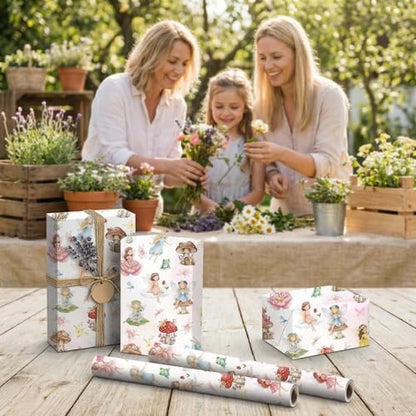 Liobelon Fairy Wrapping Paper Roll – 17" x 16.4 Ft Enchanted Forest Gift Wrap with Mushroom Houses, Flowers & Butterflies – Magical Birthday, Princess Party, Wedding Shower & DIY Craft Supplies - color: Fairy