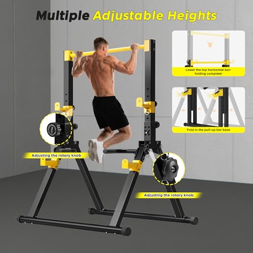 DlandHome Foldable Power Tower Pull Up Bar Dip Station, Adjustable Height Multifunction Workout Pull Up Tower Station for Home Gym, Strength Training Equipment, Triangular Legs, Up to 330lbs - color: Yellow