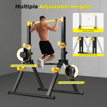 DlandHome Foldable Power Tower Pull Up Bar Dip Station, Adjustable Height Multifunction Workout Pull Up Tower Station for Home Gym, Strength Training Equipment, Triangular Legs, Up to 330lbs - color: Yellow