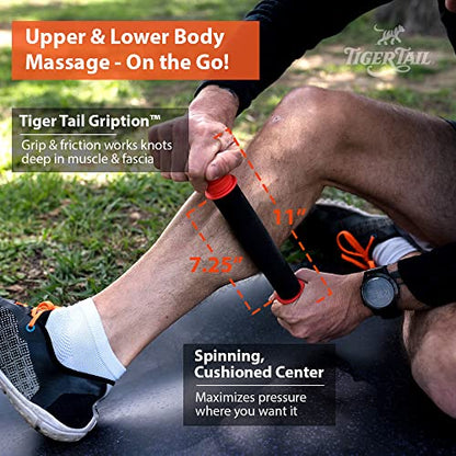 Tiger Tail 11in Massage Stick Portable Roller, Handheld, Deep Tissue Foam Roller for Legs, Neck, Calves, Thighs, Shins & Back, The Roadster 11, Made in USA, Orange Black - size: 11" Plus Happy Muscles eBook