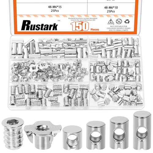 150Pcs M6 Nickle Barrel Nuts Four-jaw Tee Nuts and Threaded Insert Assortment Kit Metric Cross Dowels Slotted Nut T Nut Wood Inserts Bolt for Wood Furniture Beds Crib Chairs - style: 150pcs nickle plated nuts assortment kit
