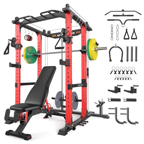 SPORTSROYALS Power Rack, Multi-Functional Power Cage, Squat Rack with Pulley System & LAT Pull Down, Workout Cage with J Hooks for Home Gym - color: Ruby Red, style: 140LB Colorful Package with BC