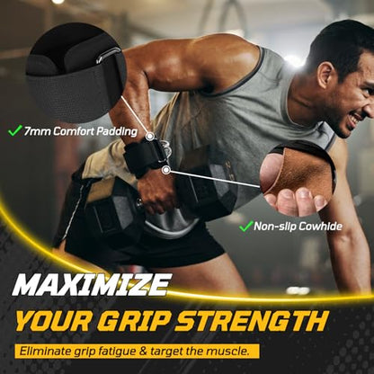 Weight Lifting Straps with D Rings, Leather Palm Grip, 7mm Wrist Support Padding, Adjustable Fit for Cable Machines & Free Weights