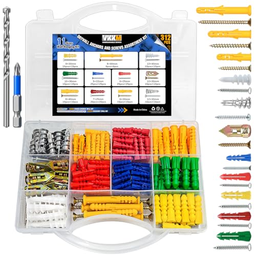 312Pcs Drywall Anchors Screws Kit,11 Sizes with Bit for Wall Mount
