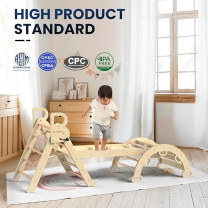 Pikler Triangle Set with Safe Handle, Climbing Toys for 1-3 Year | Foldable 7-in-1 Montessori Toddler Climbing Toys Indoor, Wooden Pickler Climbing Set, Baby Jungle Gym & Playground, Natural - color: Natural Wood