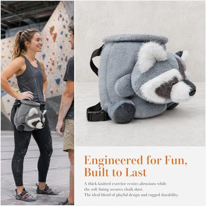 Funny Rock Climbing Chalk Bag, Soft Knitted Climbing Chalk Pouch with Drawstring Adjustable Belt, Fit Bouldering, Gymnastics & Outdoor Activities for Climbers - style: Raccoon