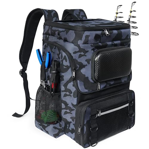Fishing Backpack with Rod Holder, Large 50L Tackle Bag Water Resistant Tackle Backpack Heavy Duty Fishing Bag Gift for Men Woman - color: A: Camo