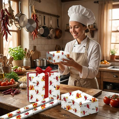 Liobelon Chili Cook Off Wrapping Paper Roll – 17" x 16.5 Ft Funny Chili Pepper Gift Wrap with Cartoon Chili Characters Cooking, Angry & Frying Egg for Taco Party, Western Theme, Birthday, Fiesta Party - color: Chili Cook Off
