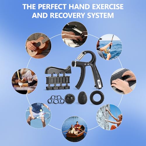 Hand Grip Strengthener Kit with Wrist Strengthener, Ultimate Hand Exerciser Set for Forearm Workout, Adjustable Grip Strength Trainer, Stress Relief Ball, Exercise Ring, Training and Recovery
