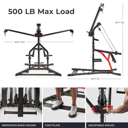 Sunny Health & Fitness All-in-One Pulley Cable Home Gym Strength Trainer | Resistance Band Holder, Foot Plate, Adjustable Angles, Olympic Plate Ready, Bi-Directional Cables, Full Range Motion