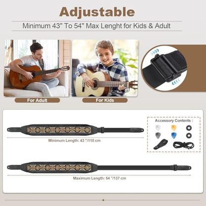 Bass Guitar Strap, Jacquard Embroidery Guitar Strap with Head Cowhide Leather End for Bass, Electric & Acoustic Guitars, Come with Complete Accessories, Comfortable and Intimate, Elegant Yellow Flower - color: Elegant Yellow Flower