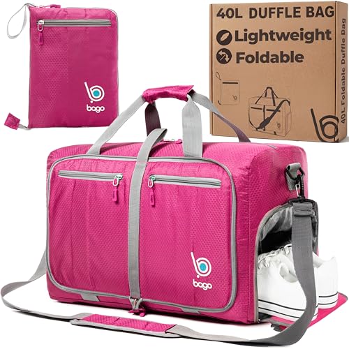 Bago Medium Duffle Bag for Travel Women & Men. Durable Lightweight Foldable Travel Duffel Bags For Traveling Women. 40L Duffle Bags a Reliable Weekender duffel or Overnight Bag With Shoe Compartment - color: Pink, size: 40L