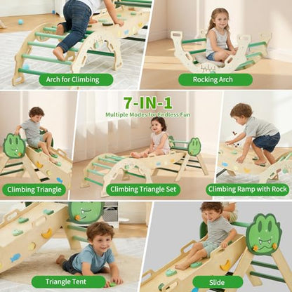 Takywep Pikler Triangle Set, 7-in-1 Foldable Pikler Triangle Climbing Toys Set with Arch & Ramp & Ladder, Indoor Playground Gym, Wooden Montessor Climbing Set for Kids Toddler - color: Green-frog