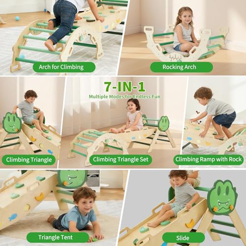 7-in-1 Collapsible Climbing Triangle Climbing Set for Toddlers, Wooden Indoor Jungle Gym Playground with Arch, Ramp & Ladder, Space-Saving, Toddler Climbing Toys– Green - color: Green