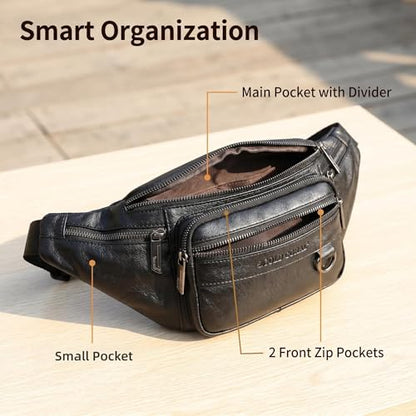 Genuine Leather Waist Pack for Men, Large Belt Bag with Adjustable Strap up to 47.2 Inches (New Black) - color: New Black