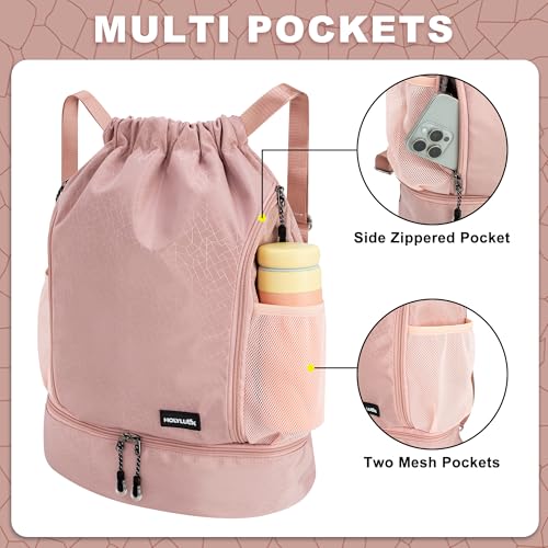 HOLYLUCK Drawstring Backpack with Shoe Compartment, Gym Bag Backpack for Women Men, Cinch Swim Beach Bag String Sports Bag for Soccer and Basketball, Pink - color: Pink