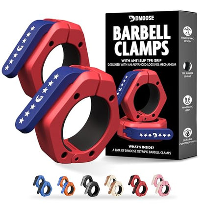 DMoose Fitness Barbell Clips 2 Inch (Pair) - Quick Release Olympic Barbell Clamps & Collars with Anti Slip TPR Grip for Secure Weightlifting and Powerlifting - Weight Clips for Bars at Home or Gym - color: American, style: Non Magnetic