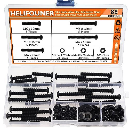 HELIFOUNER 85 Pieces M6 x 30mm /35mm /40mm /45mm /50mm, Button Head Socket Cap Metric Screws Bolts Washers Nuts Kit, 10.9 Grade Alloy Steel, Fully Threaded, Black - size: M6 x 30/35/40/45/50mm, style: Button Head