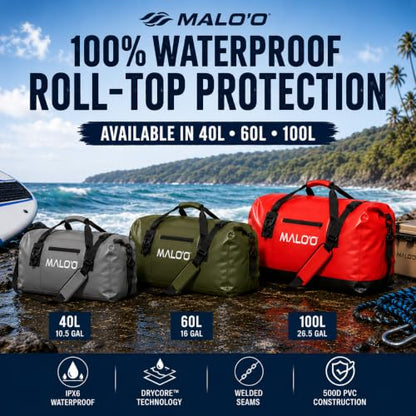 Malo’o Waterproof Dry Duffel, Heavy-Duty Roll Top Waterproof Gear Bag with Shoulder Strap & Molle Loops, Marine Duffel for Kayaking, Boating, Camping, Beach & Travel, Black, 100L - color: Black, size: 100L