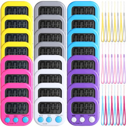 Leumoi 24 Packs Small Digital Kitchen Timer for Classroom with Lanyards Magnetic Back and Switch Minute Second Count up Countdown Big LCD Display Loud Alarm for Teacher Cooking Baking, Colorful