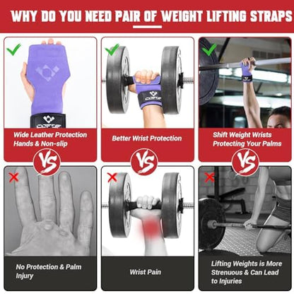 COFOF Weight Lifting Wrist Strap, Double Layer Leather Wrist Strap for Deadlift and Powerlifting, Adjustable Neoprene Padded Gym Workout Lifting Hooks (Pair) - color: Purple
