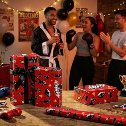 Liobelon Boxing Wrapping Paper Roll, Sports Gift Wrap with Boxing Gloves, Punching Bag, Champion Belt & Boxer Design – for Birthday, Father’s Day, Fight Fan Presents, 17 Inch X 16.4 Feet - color: Boxing