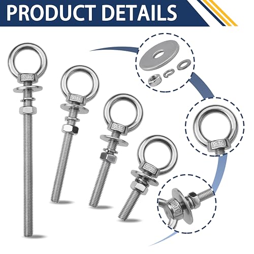4 Pack M10 Stainless Steel Eye Bolts with Nuts, 3/8" x 2" Eye Bolts | 304 Stainless Steel Eye Bolt,Eye Bolts Heavy Duty for Hang Tie Down Outdoor,3/8 eye bolts with nuts,m10 eye bolts - size: M10x51mm (3/8"x2")