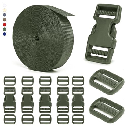 BEYOURD 1 inch Buckles and Strap Set: 10 Yards Polyester Webbing Strapping, 6 Pack Dual Adjustable Side Release Plastic Buckles, 12 PCS Tri-Glide Slider Clips for Hiking equipment, Olive Green - color: Olive Green