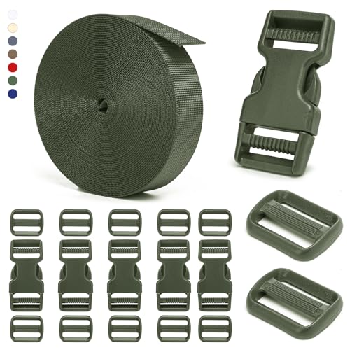 BEYOURD 1 inch Buckles and Strap Set: 10 Yards Polyester Webbing Strapping, 6 Pack Dual Adjustable Side Release Plastic Buckles, 12 PCS Tri-Glide Slider Clips for Hiking equipment, Olive Green - color: Olive Green