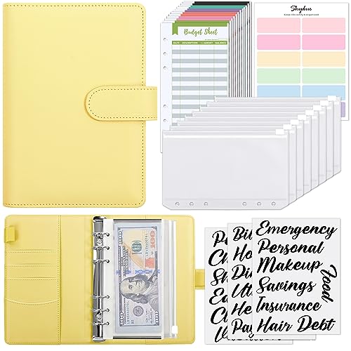 SKYDUE Budget Binder with 8pcs Zipper Envelopes, Money Organizer for Cash with 12pcs Expense Budget Sheets & 24 Blak Sticky Labels, Budget Book with Cash Envelopes, Yellow, A6 (1008HYJ-HZ_A6Yellow) - color: Yellow