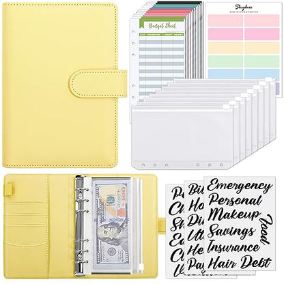 SKYDUE Budget Binder with 8pcs Zipper Envelopes, Money Organizer for Cash with 12pcs Expense Budget Sheets & 24 Blak Sticky Labels, Budget Book with Cash Envelopes, Yellow, A6 (1008HYJ-HZ_A6Yellow) - color: Yellow