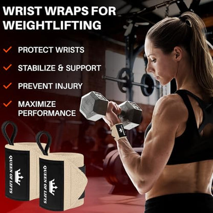 TECEUM Weightlifting 18" & 12" Wrist Wraps with Thumb Loop – Heavy Duty Wrist Workout Braces for Men and Women – Ideal for Powerlifting, Strength Training, Bodybuilding - color: Beige, style: 12" – Queen of Lifts