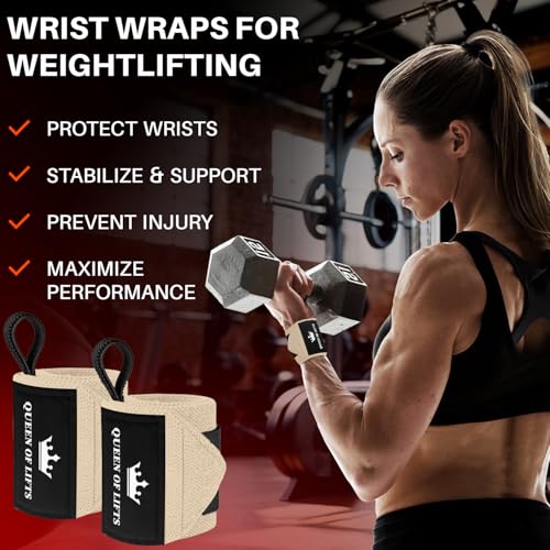 TECEUM Weightlifting 18" & 12" Wrist Wraps with Thumb Loop – Heavy Duty Wrist Workout Braces for Men and Women – Ideal for Powerlifting, Strength Training, Bodybuilding - color: Beige, style: 18" – Queen of Lifts