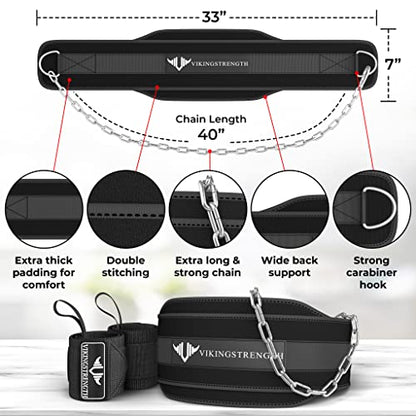 Vikingstrength Dip Belt for Weight Lifting Including Wrist Wraps. Premium Padded Dips Belt with Long Chain for Pullups Triceps Weighted belt for Workout Powerlifting + V-Strength Workout App