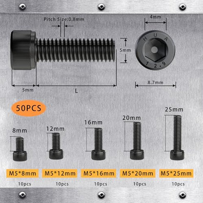 M5 x 8mm 12mm 16mm 20mm 25mm Hex Socket Head Cap Screws Bolts, 12.9 Grade Alloy Steel, Fully Threaded, Black Oxide Finish, Allen Socket Drive, Assortment Kit 50Pcs - size: Hex Socket Head M5x8, 12, 16, 20, 25mm(50pcs)