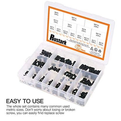 450Pcs M3/M4/M5/M6/M8 Allen Head Socket Hex Grub Screw Set Assortment Kit with Internal Hex Drive - 12.9 Class Black Alloy Steel