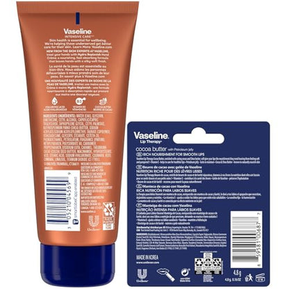 Vaseline Hand Cream 2-Pack – Hydra Replenish Crème with Hyaluronic Acid, Niacinamide & Cocoa Butter for Soft Skin + Cocoa Butter Lip Therapy Tube with Petroleum Jelly