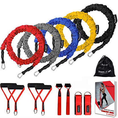 14 PCS Resistance Bands Set, Exercise Tubes, 20lbs to 40lbs Workout Bands | with Handles Protective Nylon Sleeves Door Anchor Ankle Strap, Elastic Exercise Bands for Men Women - up to 150lbs