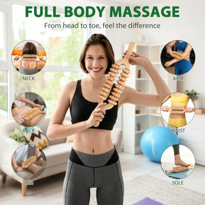 Liitrton Wooden Massage Roller for Legs, Double Row Massage Roller Stick | Smooth Body Roller, Wood Therapy Massage Tools for Trigger Points Relief, Sore Muscle Recovery - color: Double-9‑wheel
