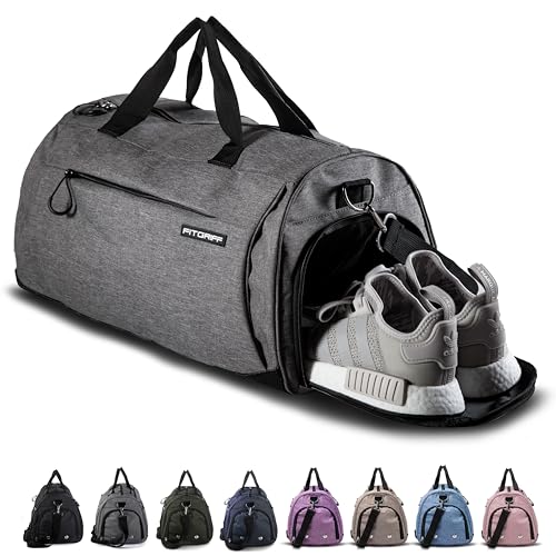 Fitgriff® Gym Bag for Men & Women with Shoe & Wet Compartment - Duffle Bag for Travel, Sports, Fitness & Workout - color: Grey, size: 19 x 10 x 10″ (Small)